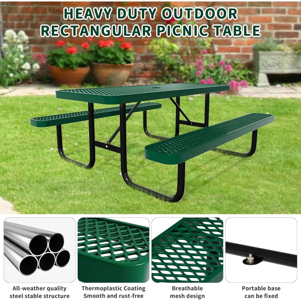 48'' Rectangular Steel Picnic Table for Outdoors,Commercial Metal Picnic Table Bench Set with Umbrella Hole,School Canteen Table