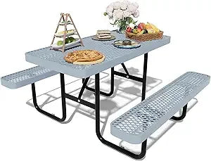 48'' Rectangular Steel Picnic Table for Outdoors,Commercial Metal Picnic Table Bench Set with Umbrella Hole,School Canteen Table