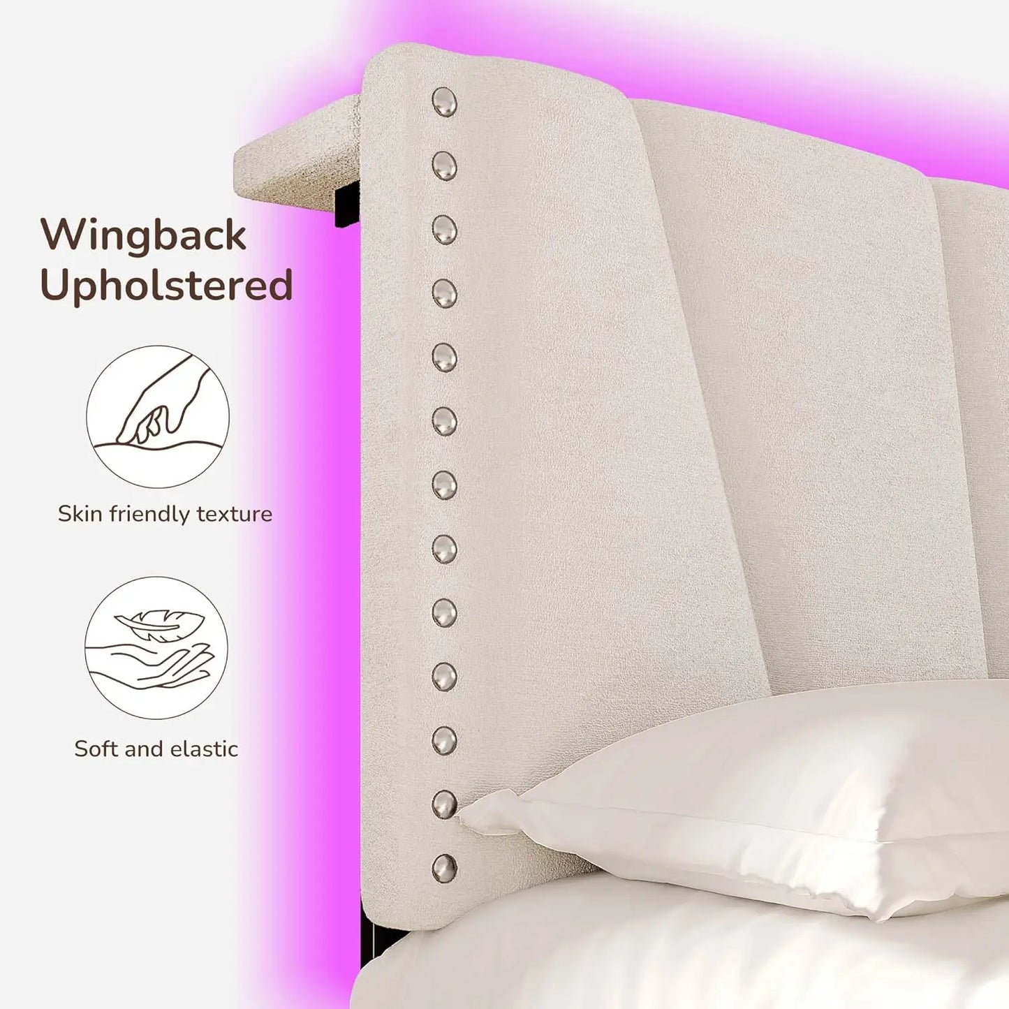 Velvet Headboard, LED Lights, and Charging Station.