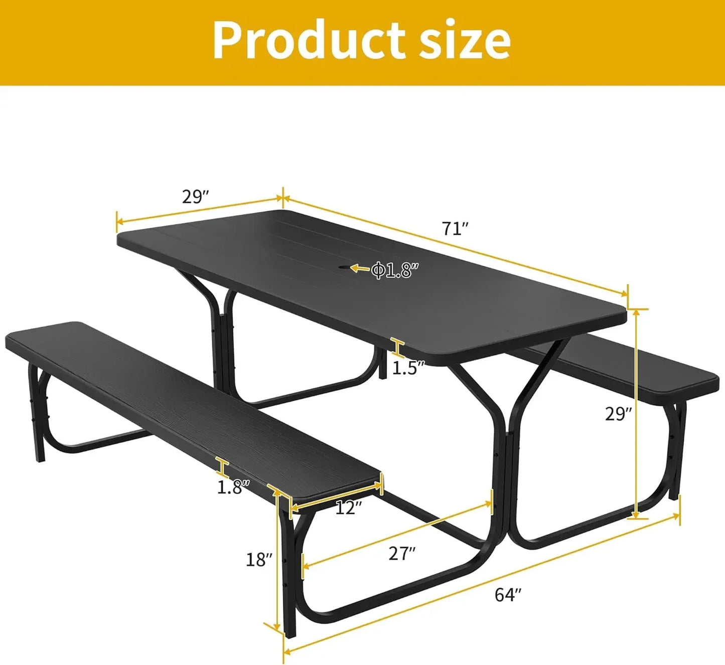 6FT Black Heavy Duty Picnic Table with Bench