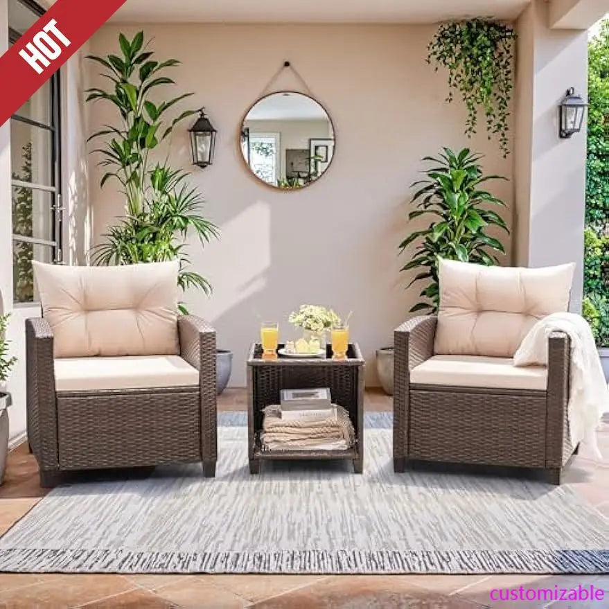 3 Pieces Rattan Wicker Patio Set w/ Chairs and Table