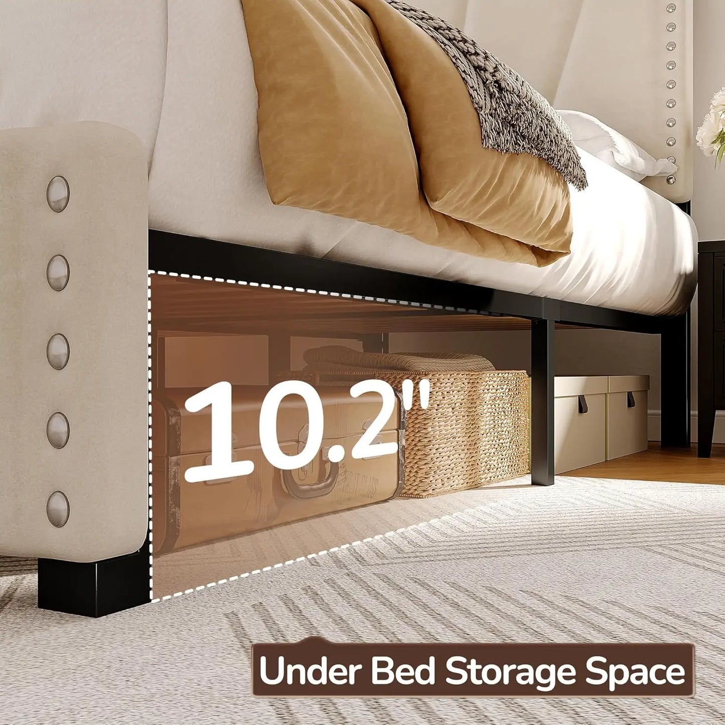 Velvet Headboard, LED Lights, and Charging Station.