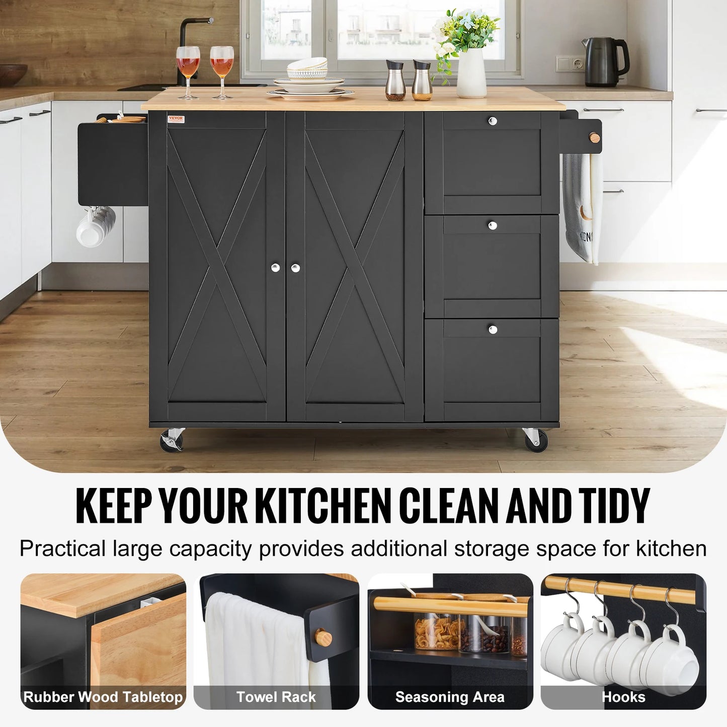56" Mobile Kitchen Island Cart