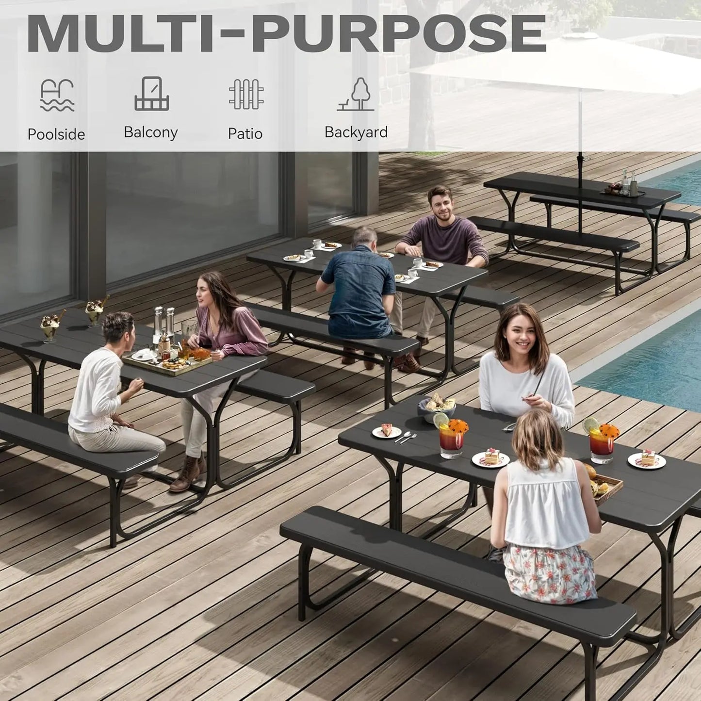 6FT Black Heavy Duty Picnic Table with Bench