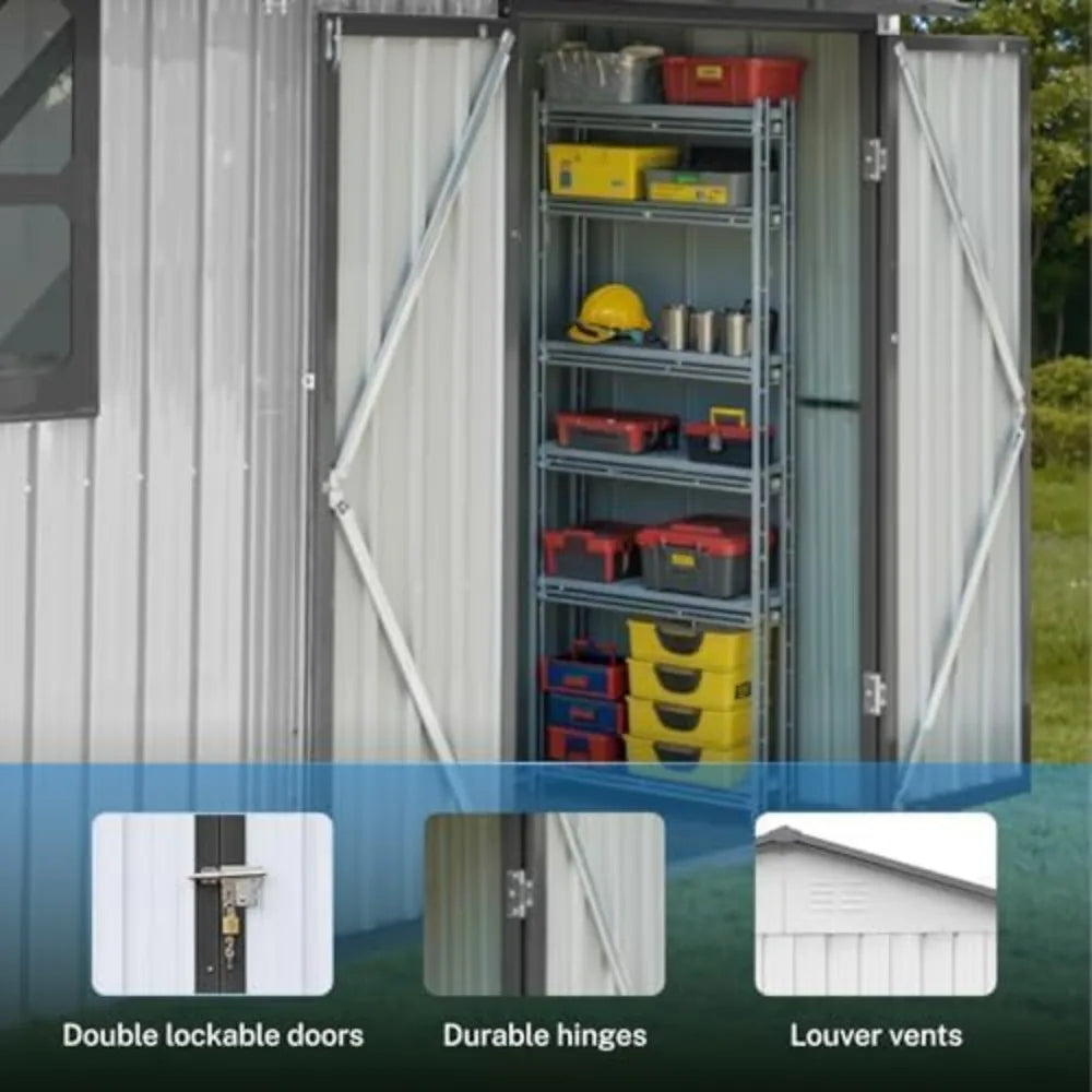 "Metal outdoor storage shed w/ ventilation/secure doors