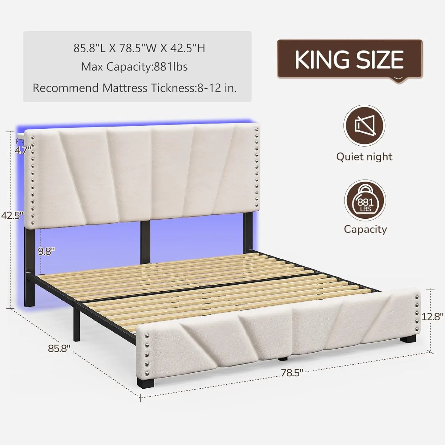 Velvet Headboard, LED Lights, and Charging Station.