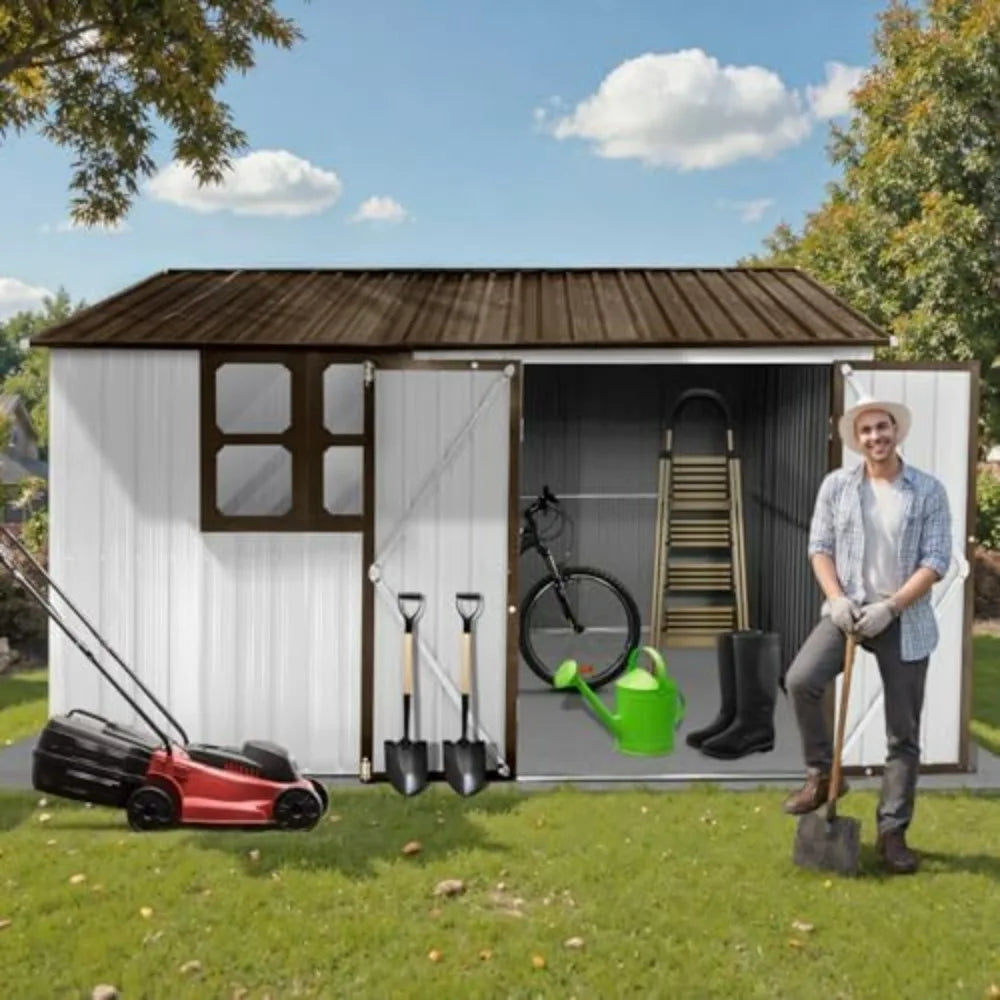 "Metal outdoor storage shed w/ ventilation/secure doors