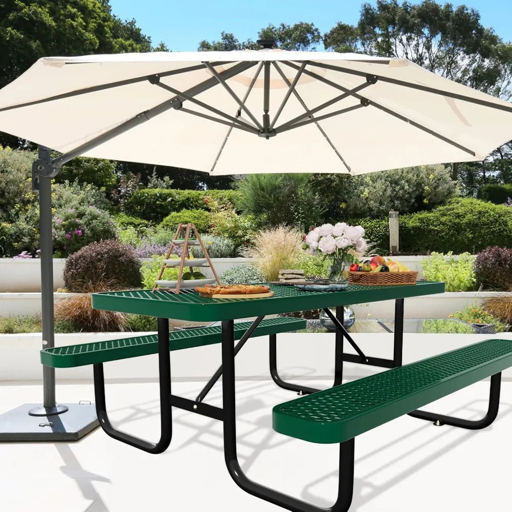 48'' Rectangular Steel Picnic Table for Outdoors,Commercial Metal Picnic Table Bench Set with Umbrella Hole,School Canteen Table