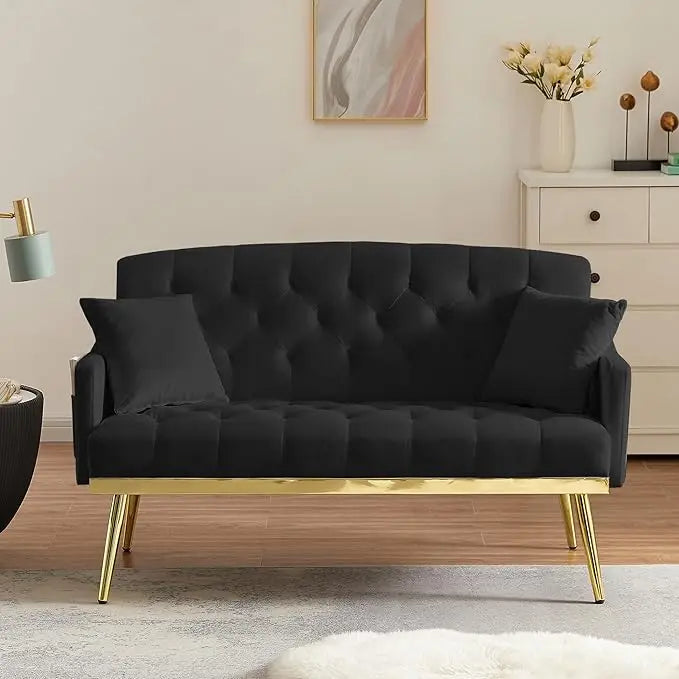 55-Inch Loveseat Sofa - Gold Metal Legs & Side Pockets