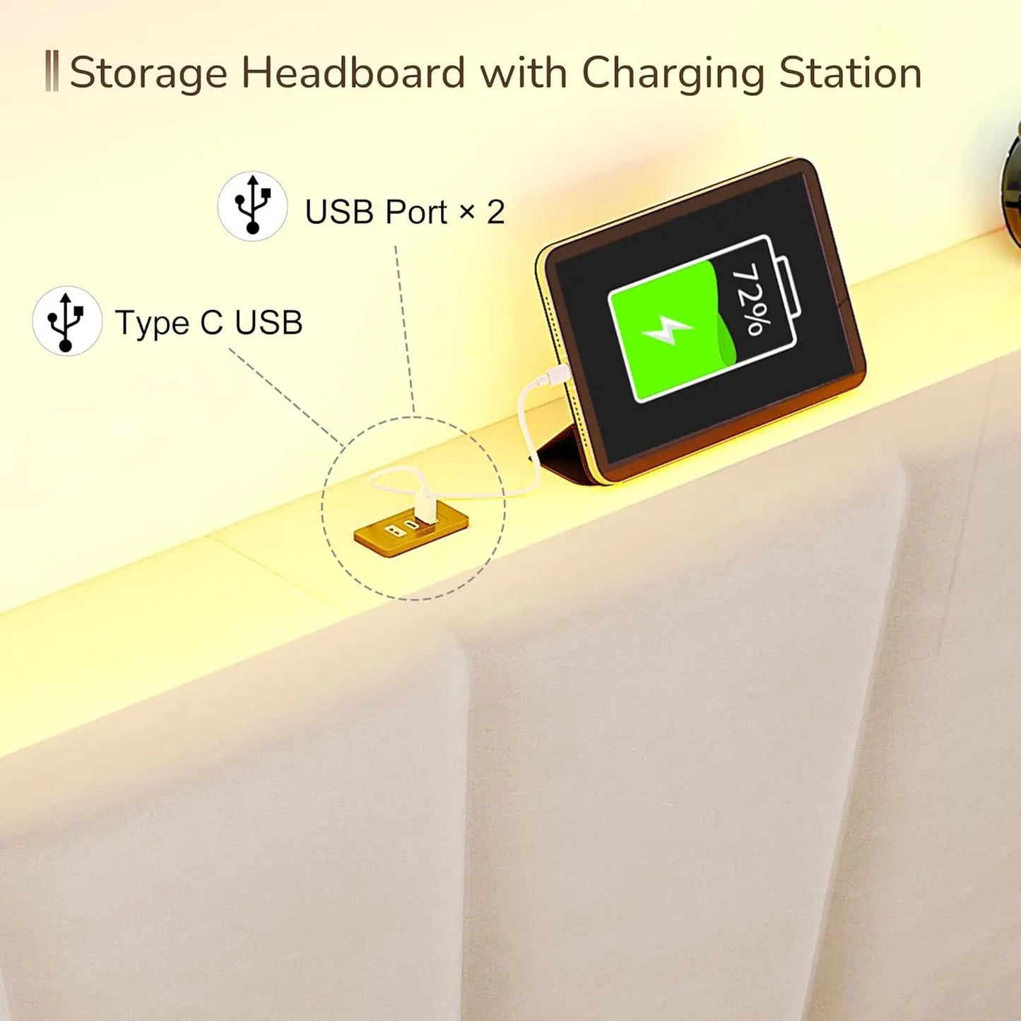Velvet Headboard, LED Lights, and Charging Station.