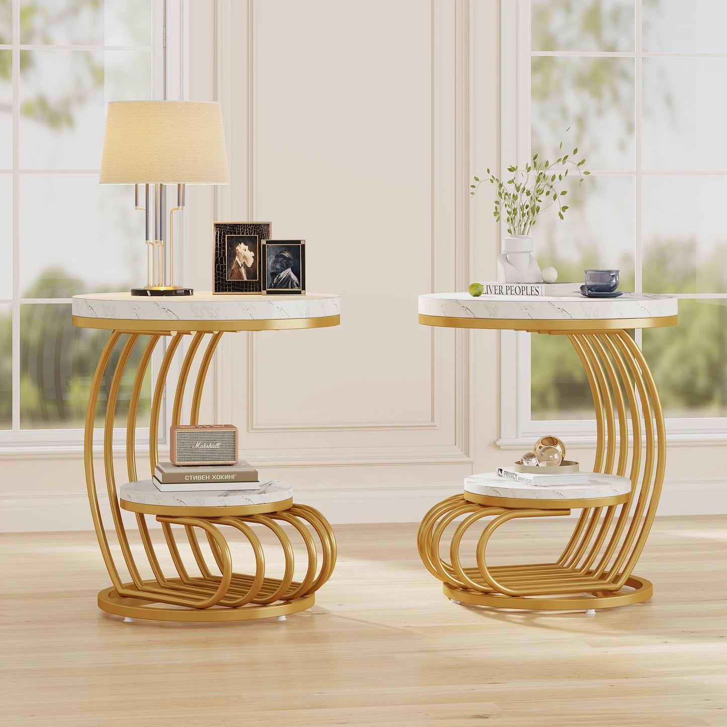 Unique Modern Gold Round End Table: 2 Tiers