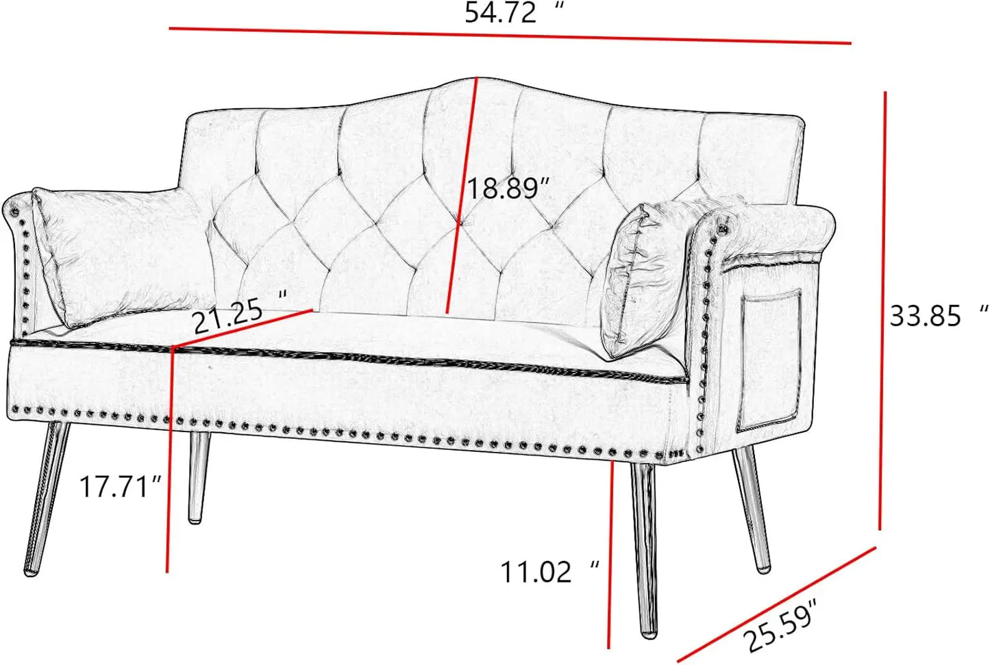 55-Inch Loveseat Sofa - Gold Metal Legs & Side Pockets