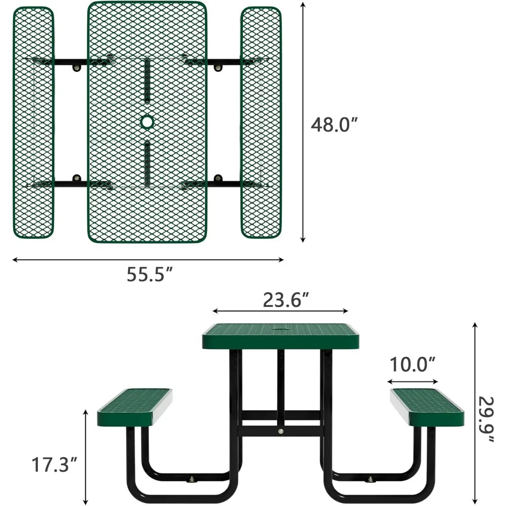 48'' Rectangular Steel Picnic Table for Outdoors,Commercial Metal Picnic Table Bench Set with Umbrella Hole,School Canteen Table