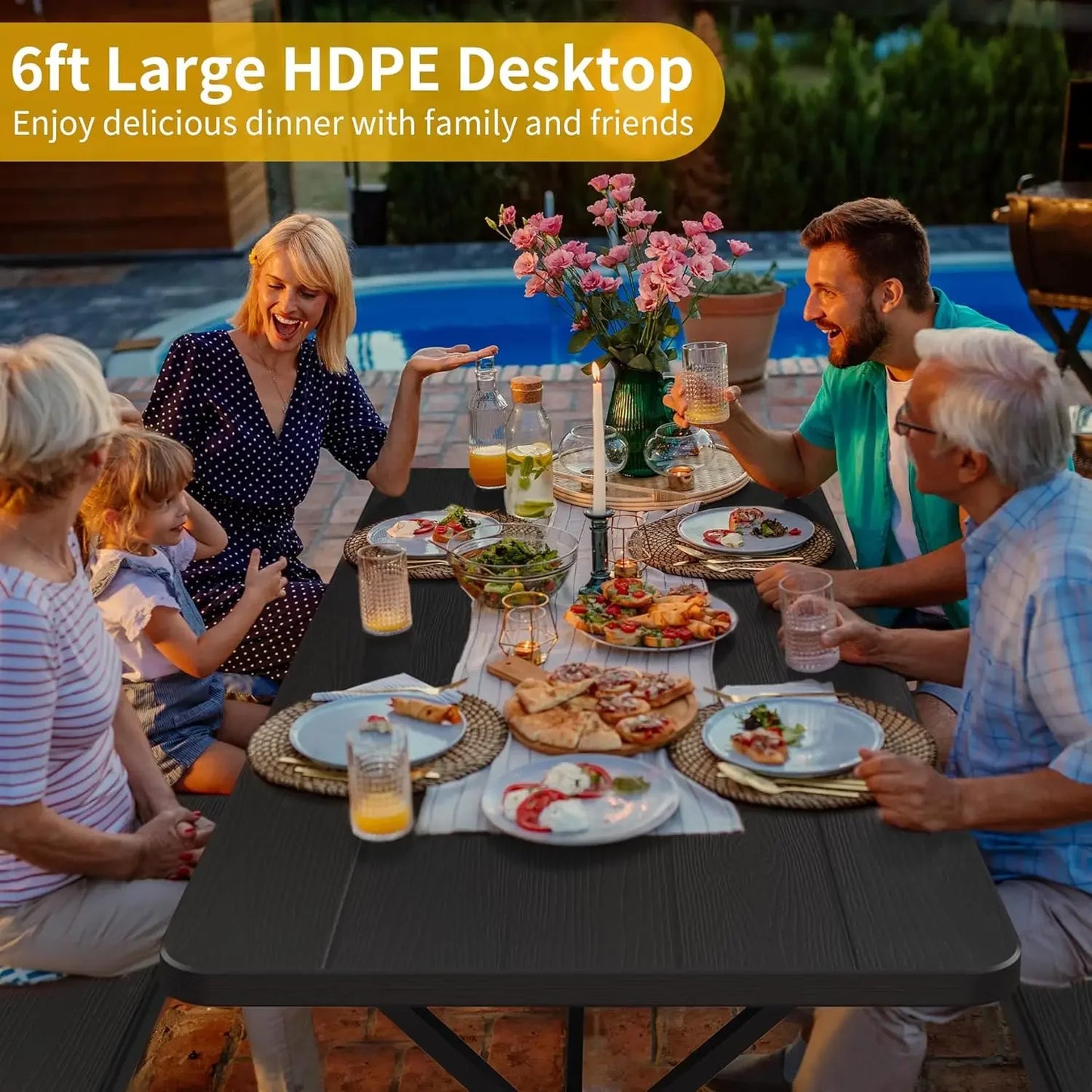 6FT Black Heavy Duty Picnic Table with Bench