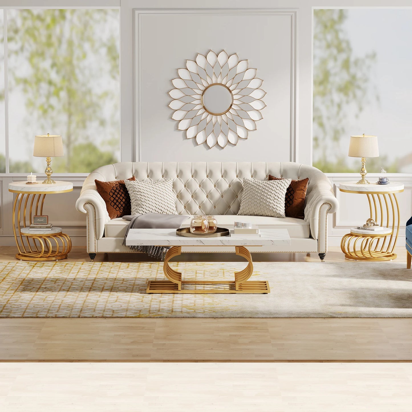Unique Modern Gold Round End Table: 2 Tiers
