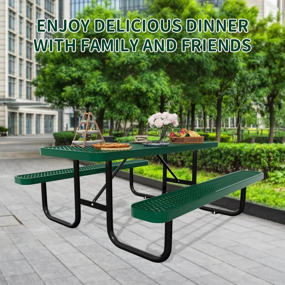 48'' Rectangular Steel Picnic Table for Outdoors,Commercial Metal Picnic Table Bench Set with Umbrella Hole,School Canteen Table