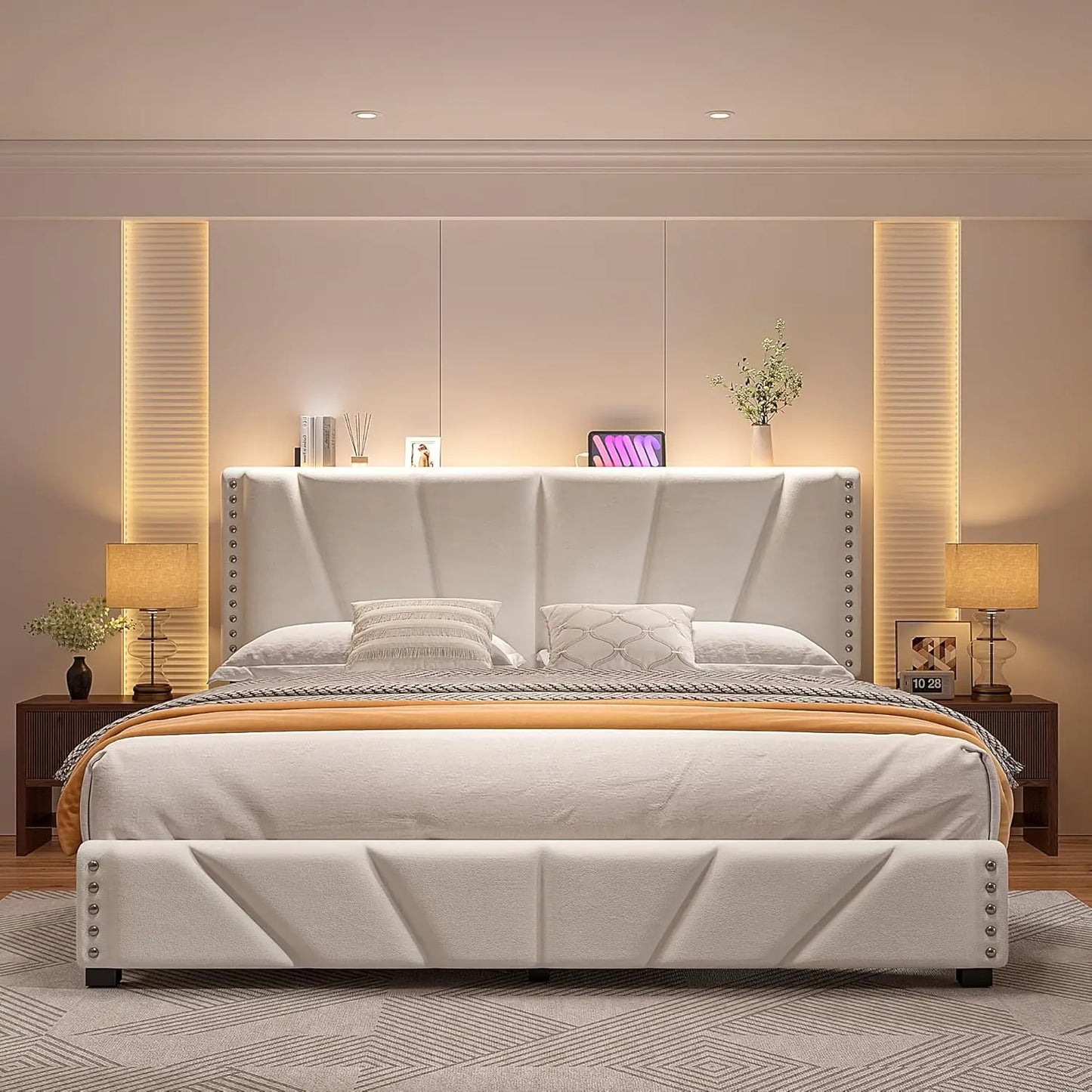 Velvet Headboard, LED Lights, and Charging Station.