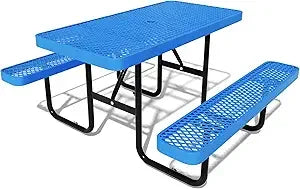 48'' Rectangular Steel Picnic Table for Outdoors,Commercial Metal Picnic Table Bench Set with Umbrella Hole,School Canteen Table