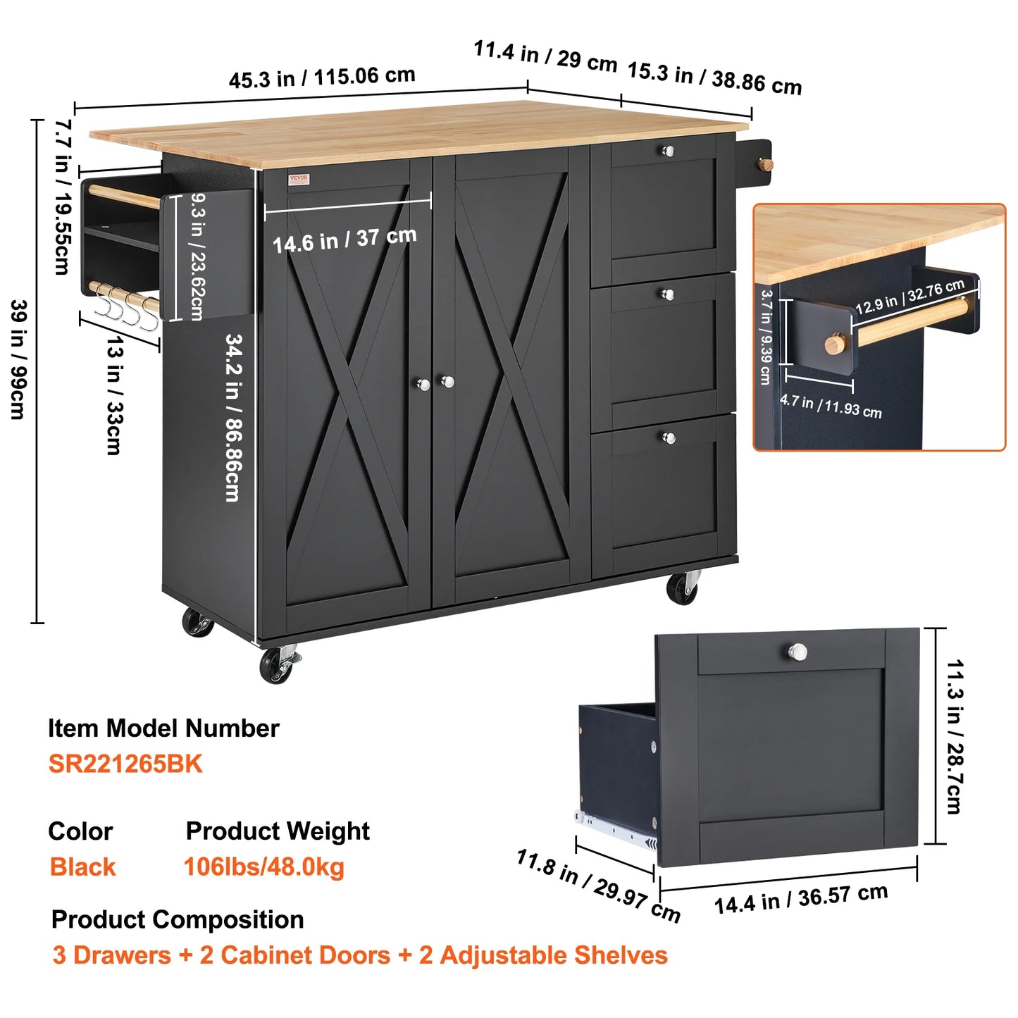 56" Mobile Kitchen Island Cart