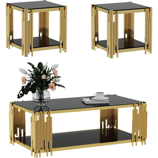 Black Glass Coffee Table Set of 3