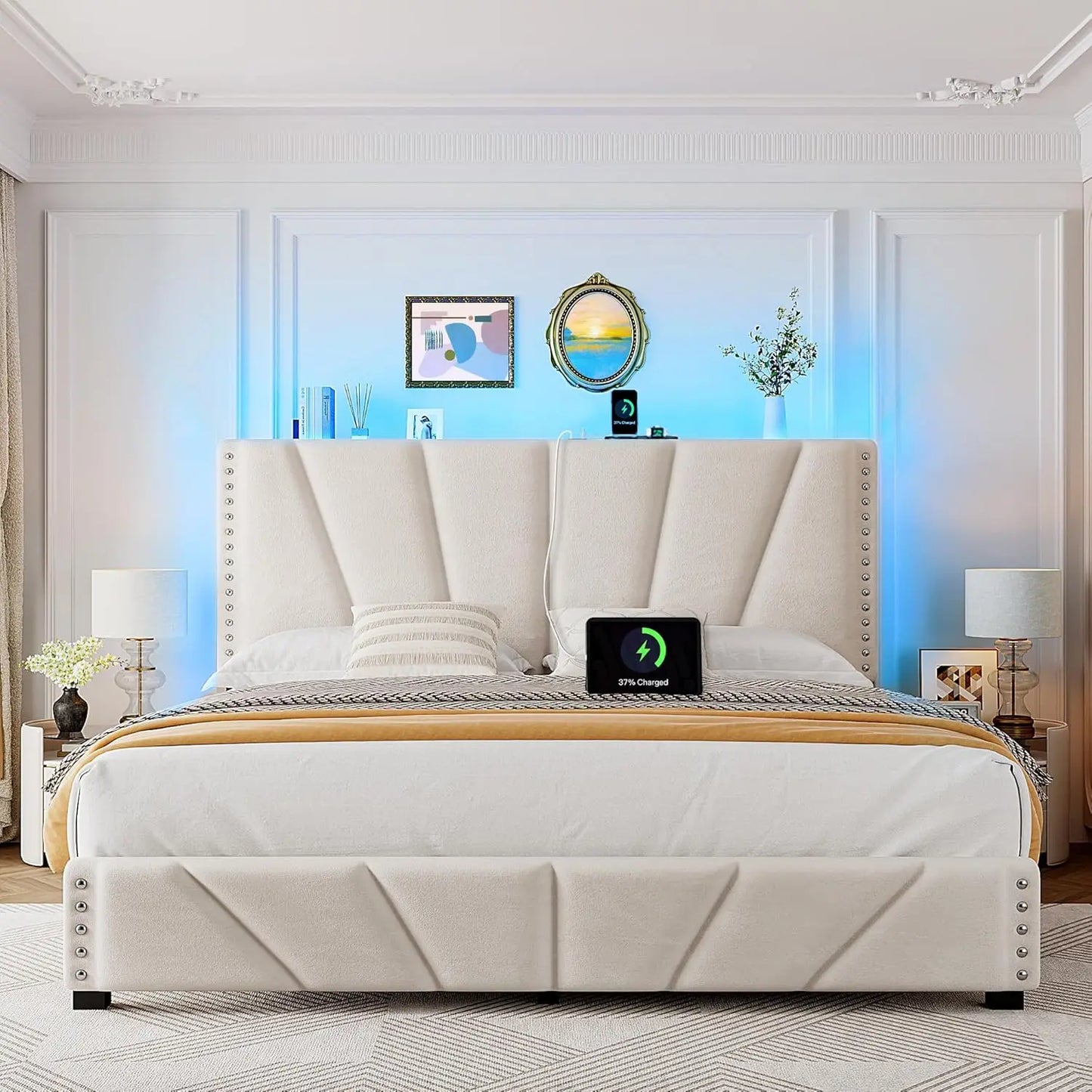 Velvet Headboard, LED Lights, and Charging Station.
