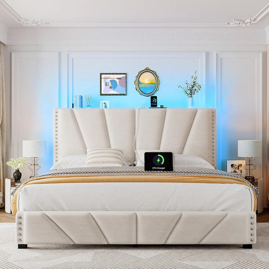 Velvet Headboard, LED Lights, and Charging Station.