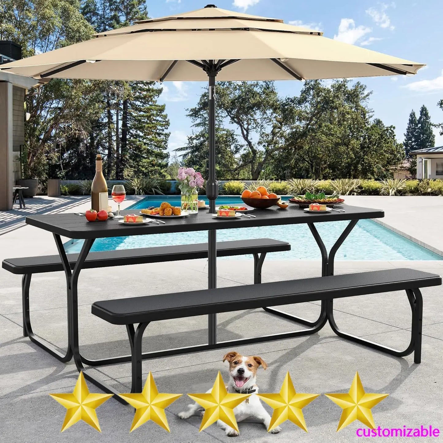 6FT Black Heavy Duty Picnic Table with Bench