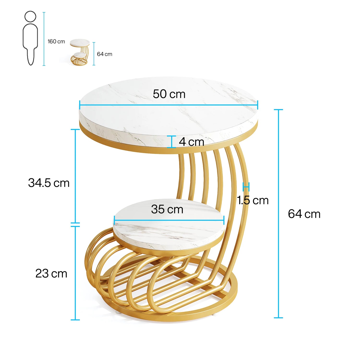 Unique Modern Gold Round End Table: 2 Tiers