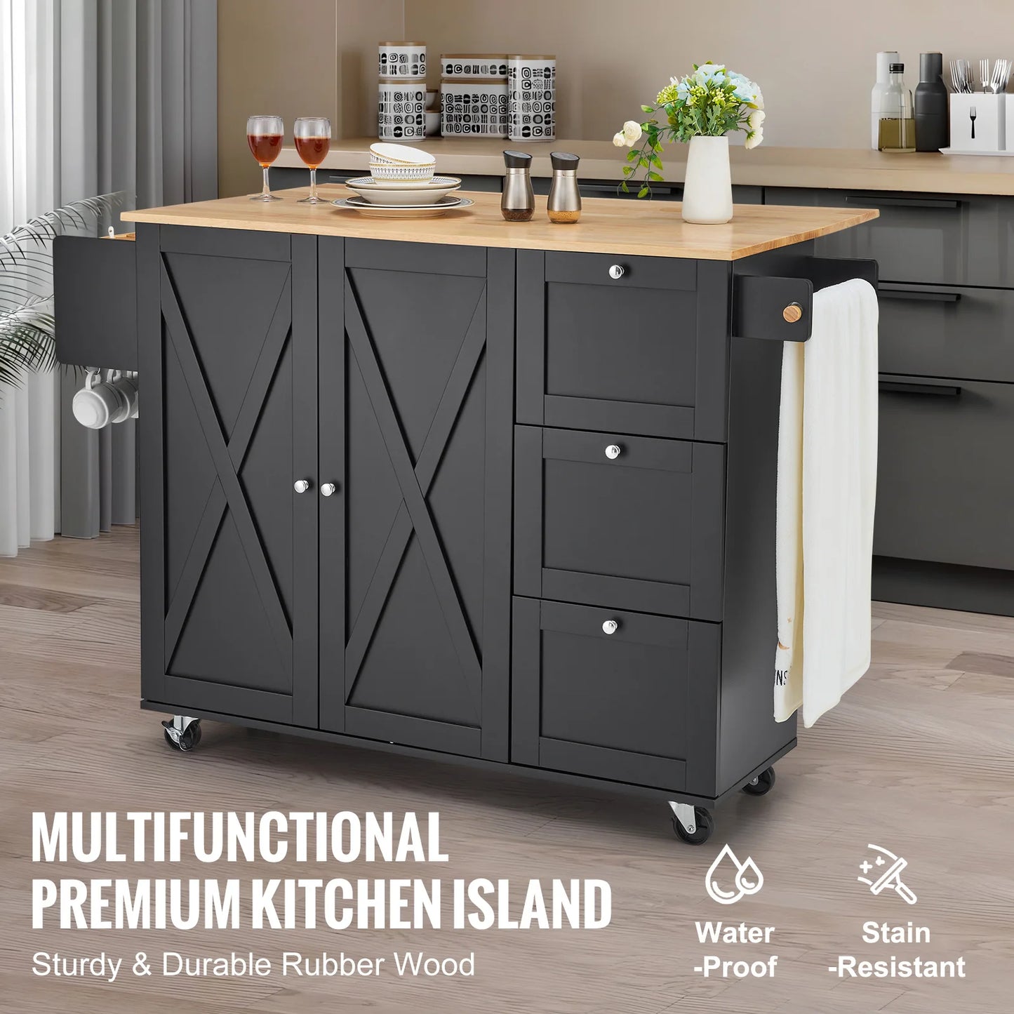 56" Mobile Kitchen Island Cart