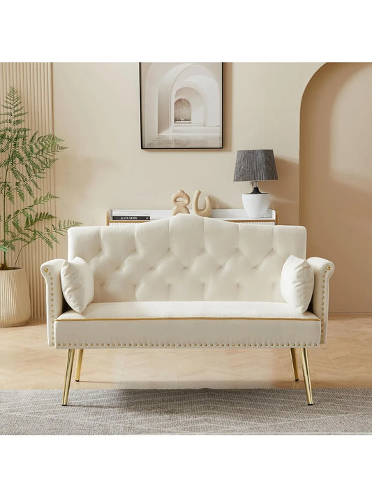 55-Inch Loveseat Sofa - Gold Metal Legs & Side Pockets