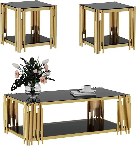 Black Glass Coffee Table Set of 3